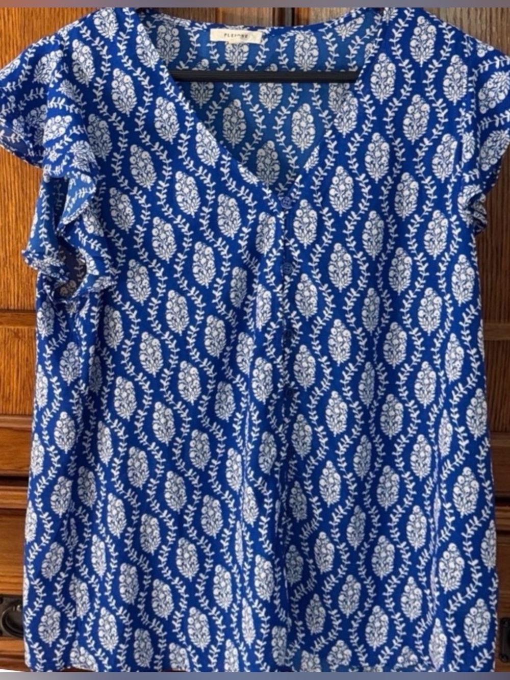 Anthropologie Pleione V-neck Batik Damask Ruffle Flutter Cap Sleeve Blouse Boho
